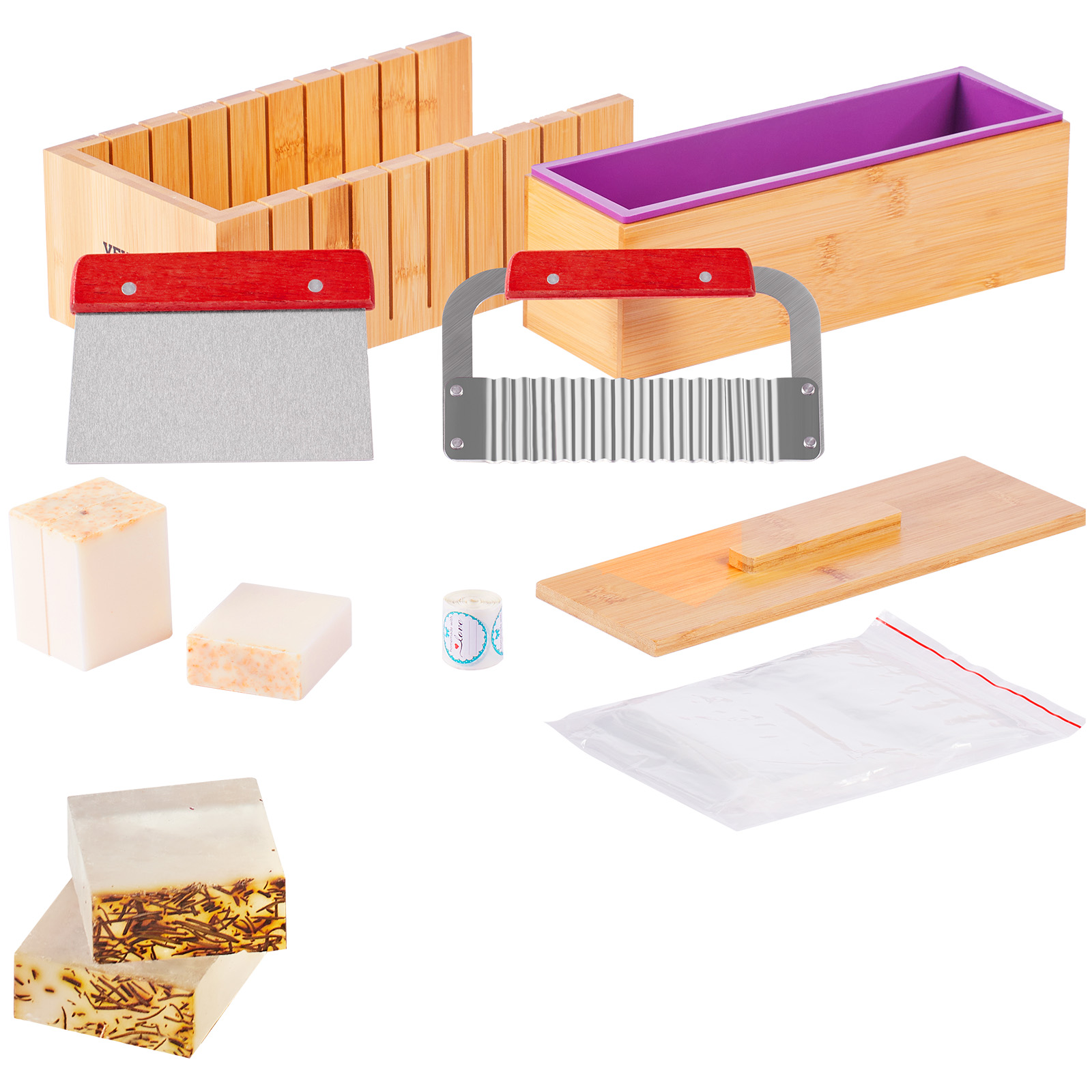 Soap Making Guide For Beginners - ชุดทำสบู่ VEVOR กล่องตัดไม้ไผ่และกล่องด้านในพร้อมแม่พิมพ์ซิลิโคน ที่ตัดสแตนเลสแบบตรงและแบบลอน